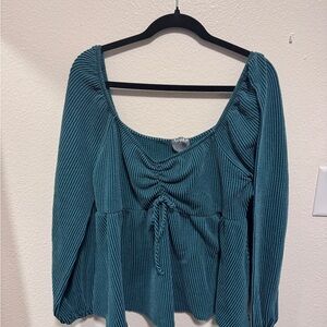 ARULA Teal Ribbed Long-Sleeve Peplum Top